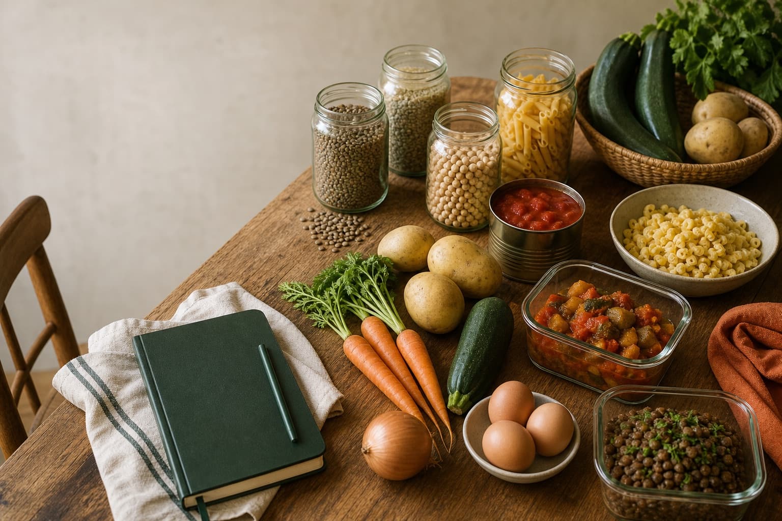 Ingrédients économiques et plats préparés disposés sur une table de cuisine