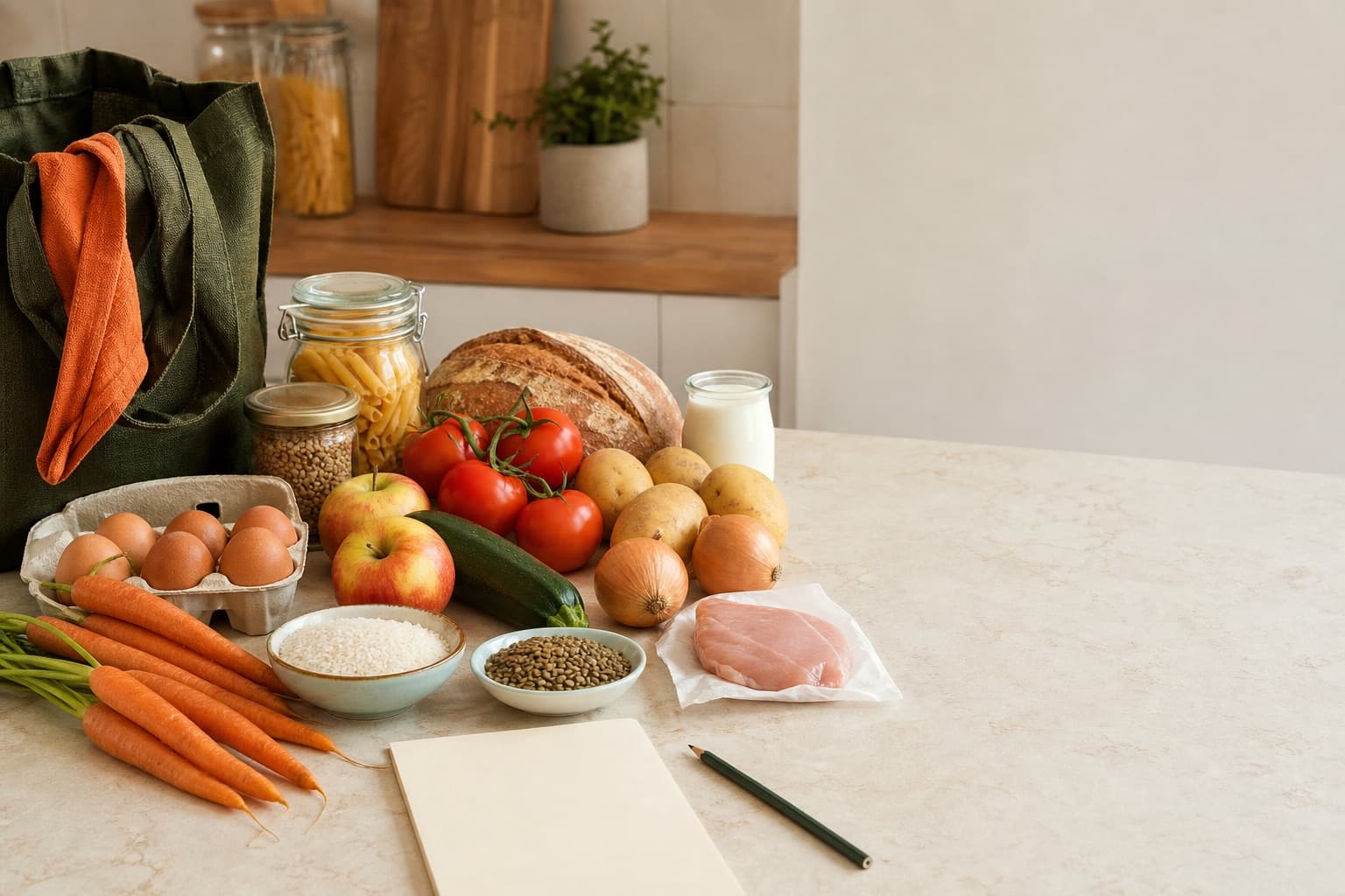 Courses alimentaires simples pour une personne posées sur un plan de travail