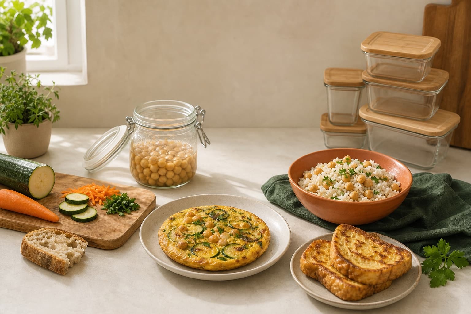 Petites portions cuisinées avec des légumes, du riz, des pois chiches et du pain