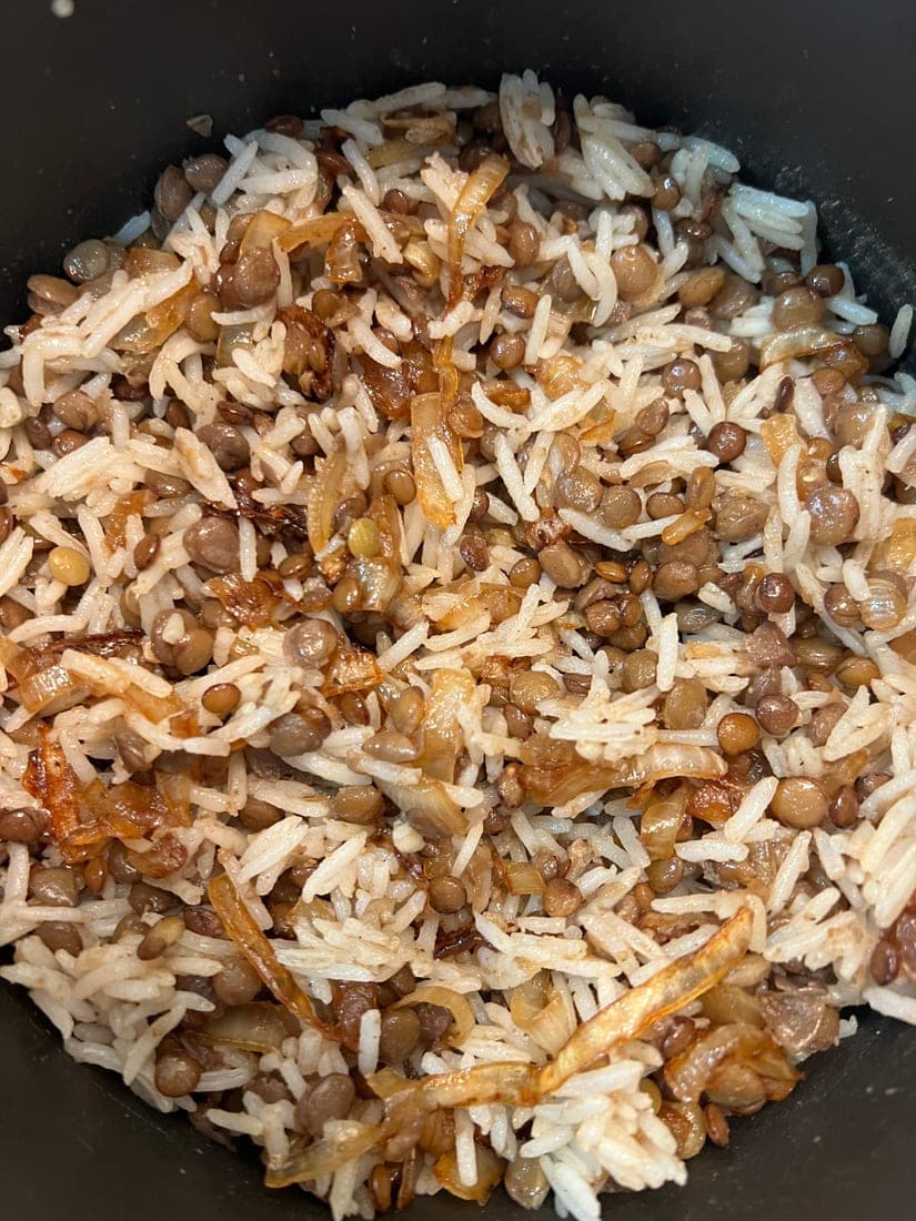 Riz lentilles oignons frits