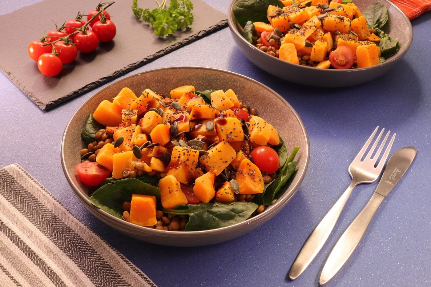 Salade lentilles, butternut et tomates